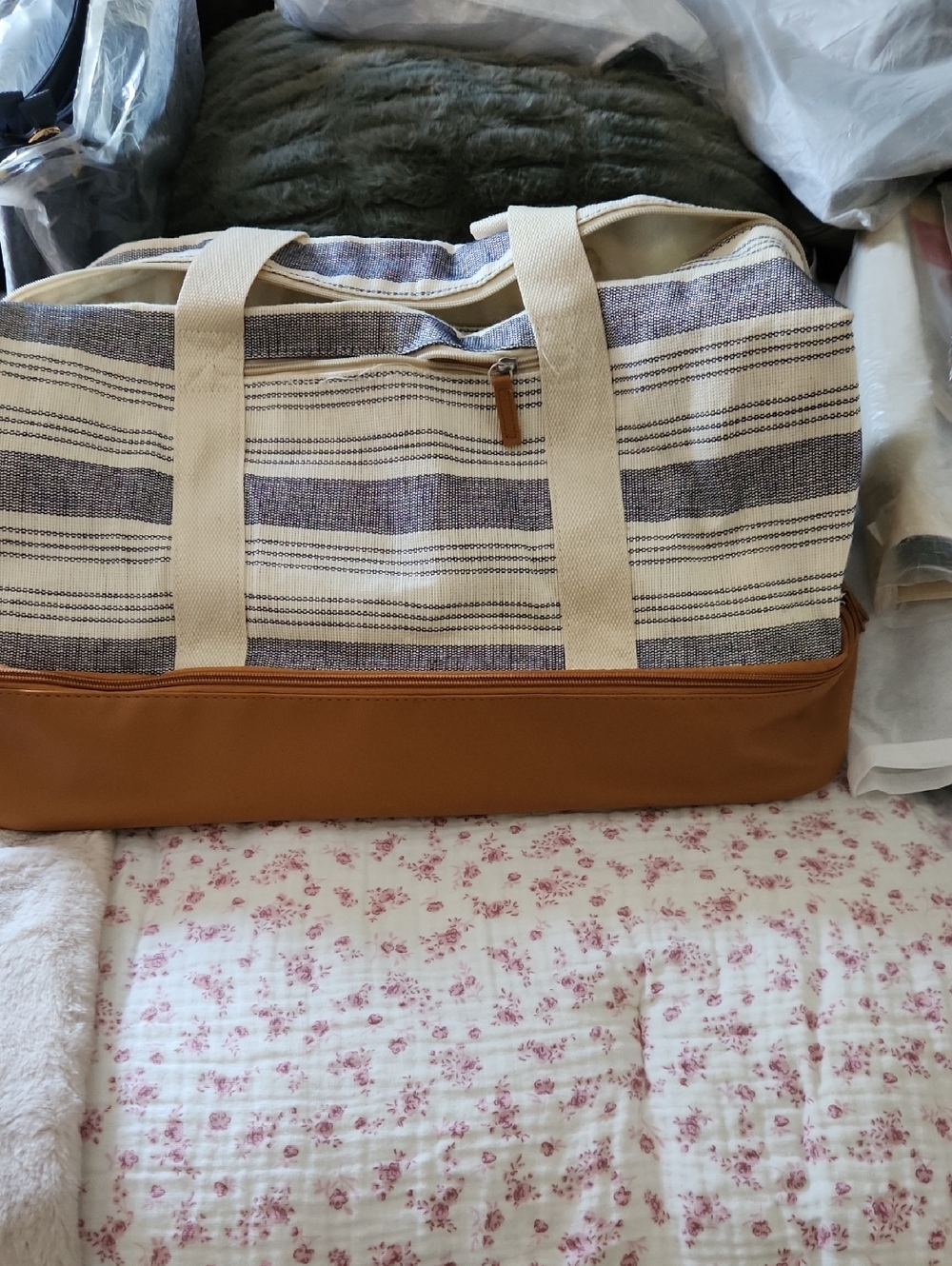 Striped Canvas Travel Duffel with Tan Base.